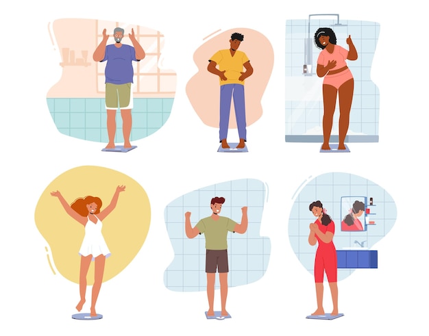 Set Of Male And Female Characters Standing On Scales Measuring Their Weight Loss Progress Concept Of Health