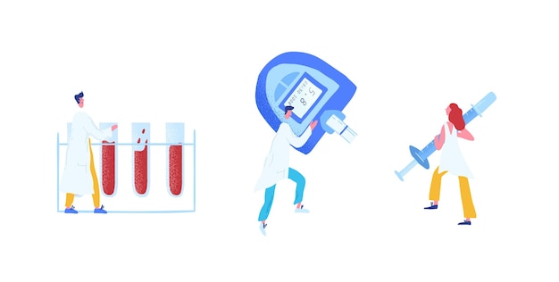 Set of male and female doctors making blood analysis and lab research. Tiny people with huge test tubes, glucose measuring device and syringe or injector on white background. Flat vector illustration.