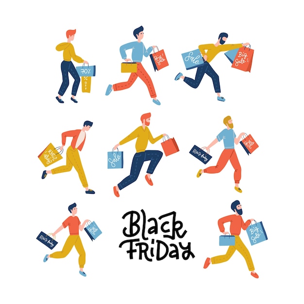 Set of male people carrying shopping bags with purchases. Cartoon tiny shopper men  on white background.   Illustration. Collection people characters. Square lettering banner