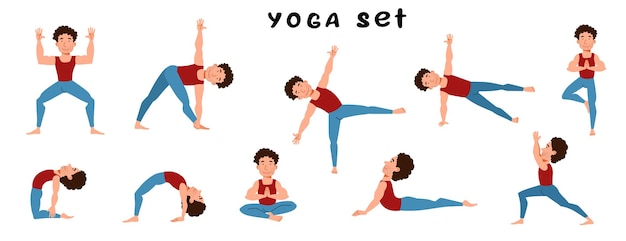 A set of a man doing yoga Slender guy in different poses on a white background