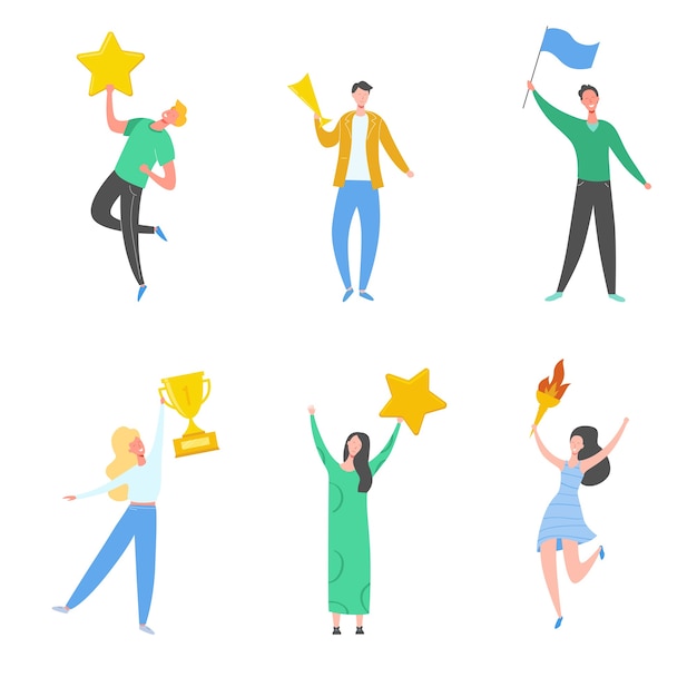 Set of Man and Woman celebrating victory, achieving reward, prize. People Success concept illustration. Business leader characters. Businessman and businesswoman winning trophy