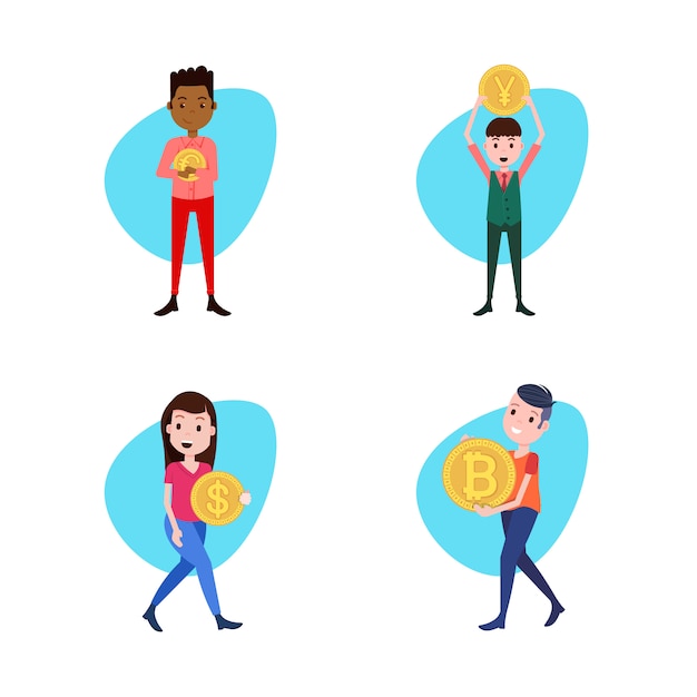 set man woman character diversity poses hold money coin template for design work or animation over white background full length flat