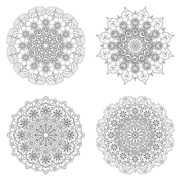 Set of Mandala with Mehndi flower   ornament in ethnic oriental style coloring book page