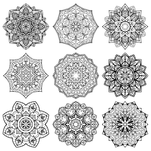 Set of mandalas Collection of ethnic decorative elements for coloring book