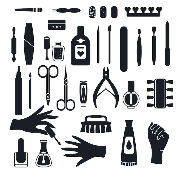 Set of Manicure salon items polish nails pedicure tools isolated Vectors Silhouettes