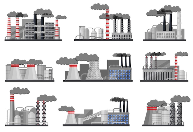 Set of manufacturing factories with buildings smoking pipes and steel cisterns Large metallurgical plant Thermal power station Industrial architecture Isolated vector illustrations in flat style