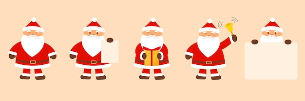 Set of many Santa Claus in cartoon style. Happy Santa Claus with presents, bell and paper. Vector