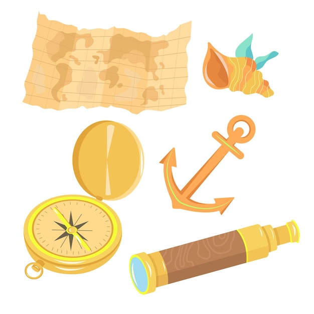 Set map corals algae shell spyglass anchor isolated items cartoon style