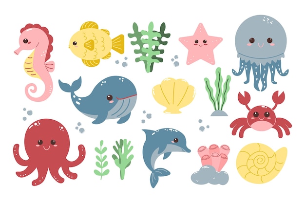 set of marine inhabitants Different fish Vector cartoon illustration