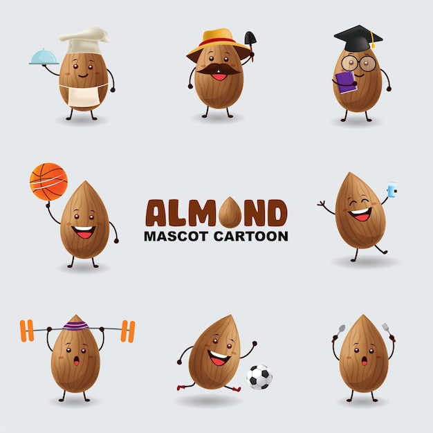 Set of mascot almond in several poses