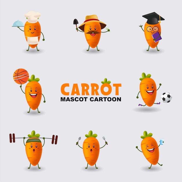 Set of mascot cartoon illustration Carrot in several pose isolated background