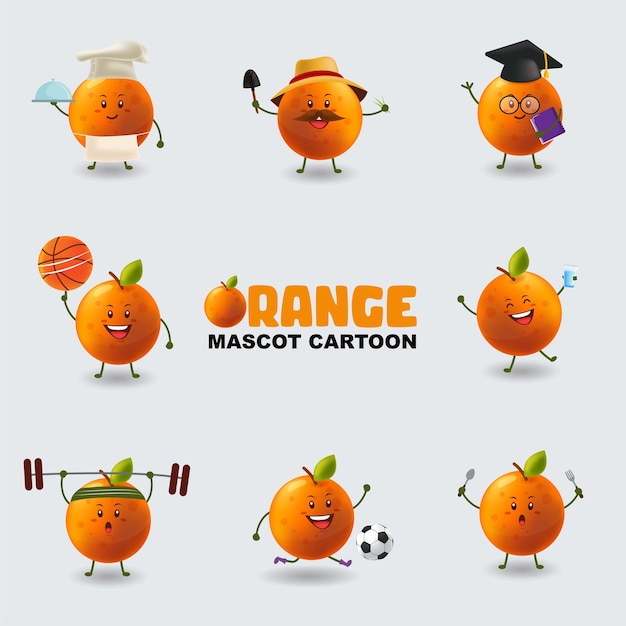 Set of mascot orange in several poses