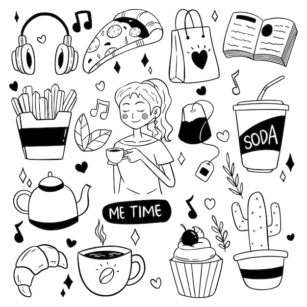 set of me time doodle vector. woman time elements collection