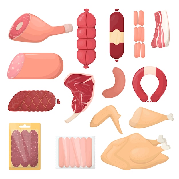 Set of meat product Sausege chiken bacon ham