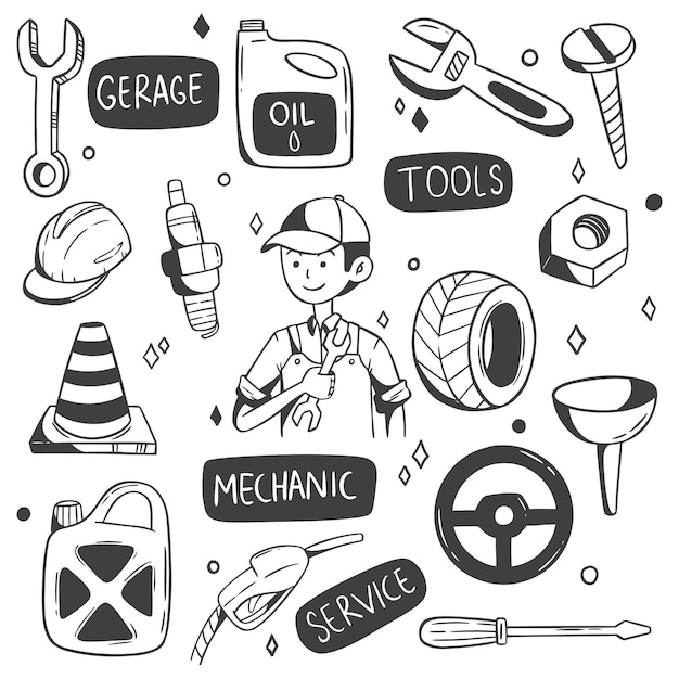 set of mechanic profession doodle vector. Hand drawn mechanic tools collection