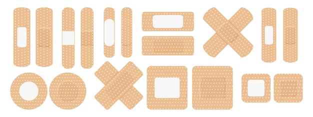 A set of medical bandages of various shapes. Different forms of adhesive plaster for first aid.