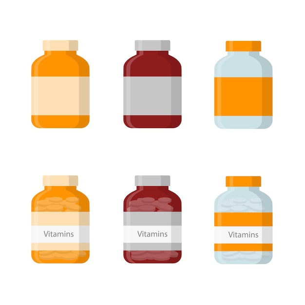 Set of medical bottles with labels Flat vector illustration