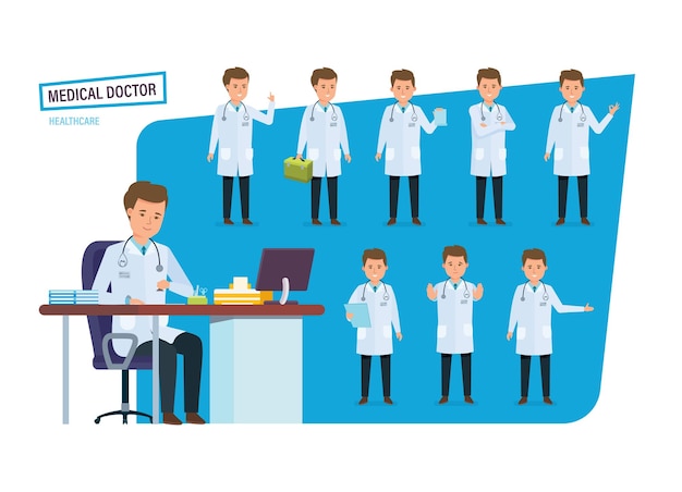 Set of medical doctor healthcare Doctor in various situations poses