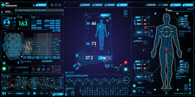 Vector set of medical technology user interface computer and icons on dark background.