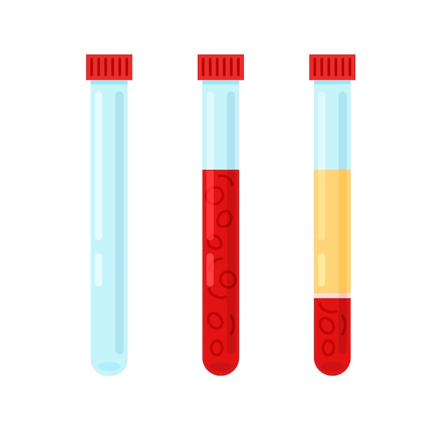 Set of medical test tube with blood and plasma. Mesotherapy. Bloody components. Vector illustration.