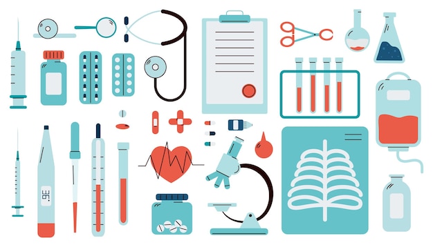 Set of medical tools and instrument icons flat vector illustration isolated