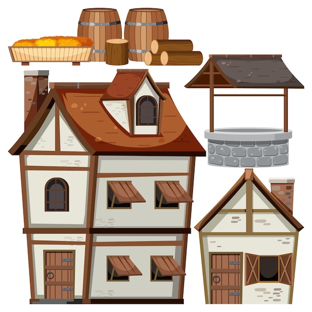 Set of medieval house and object cartoon