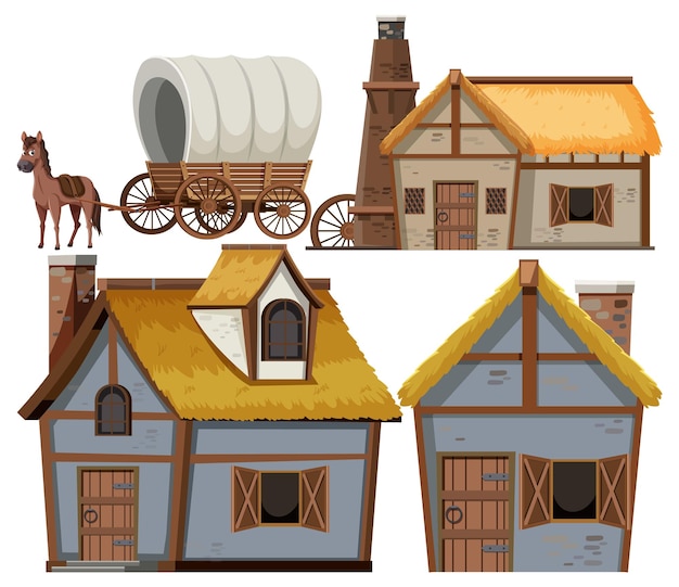 Vector set of medieval house and object cartoon