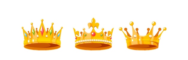 Set Of Medieval Royal Crowns For King Queen Prince Or Princess Game Icons of Gold Coronas With Gems And Diamonds