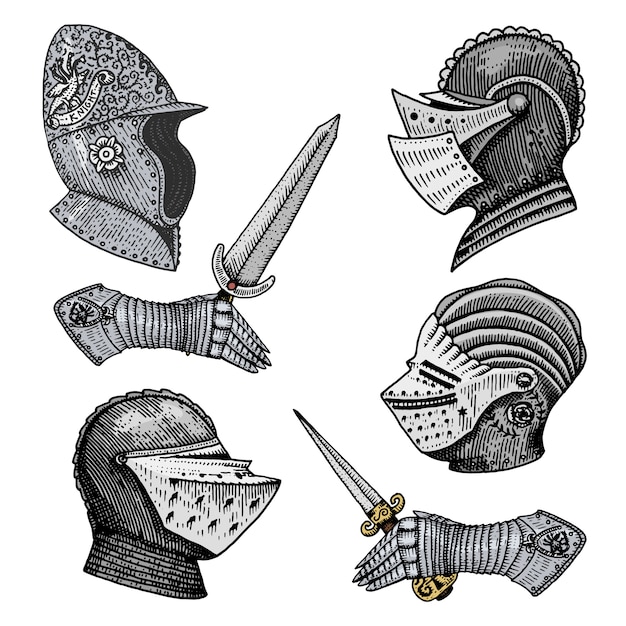 Set of medieval symbols Battle Helmets for knights or kings, vintage, engraved hand drawn in sketch or wood cut style, old looking retro roman.