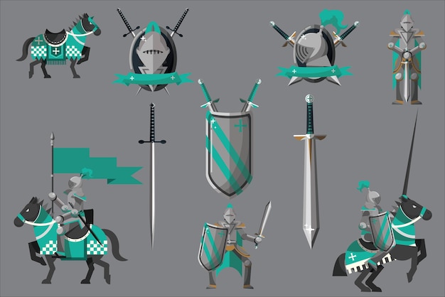 Set of medieval vector illustration icons in green color knights horses shields swords