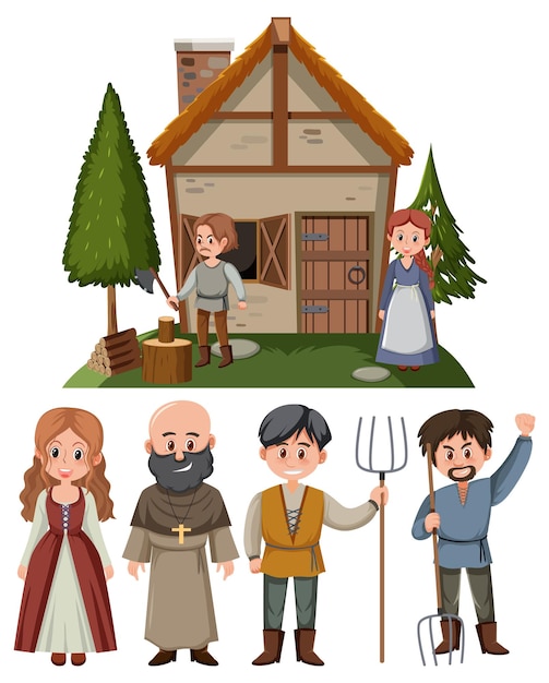 Set of medieval villager cartoon character