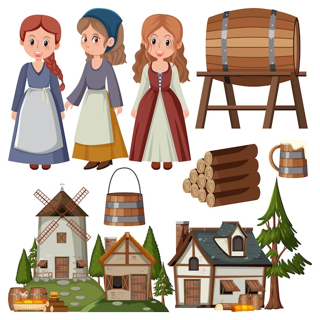 Set of medieval villager cartoon character