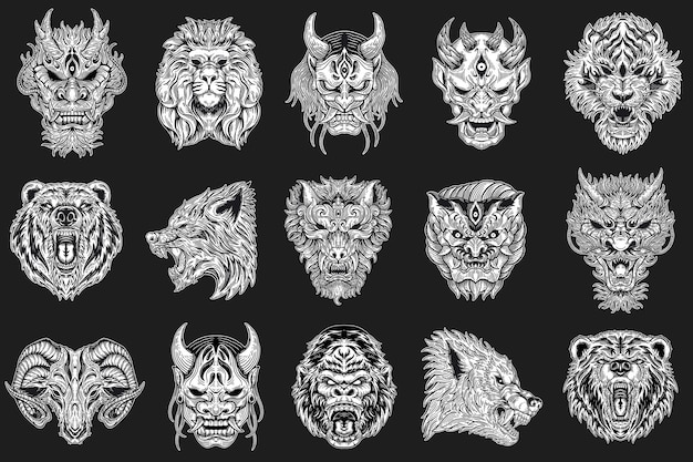 Set Mega Collection Bundle of Hand drawn Skull Animal Beast and Oni Dark Art with Different Pose Hatching Outline Style illustration