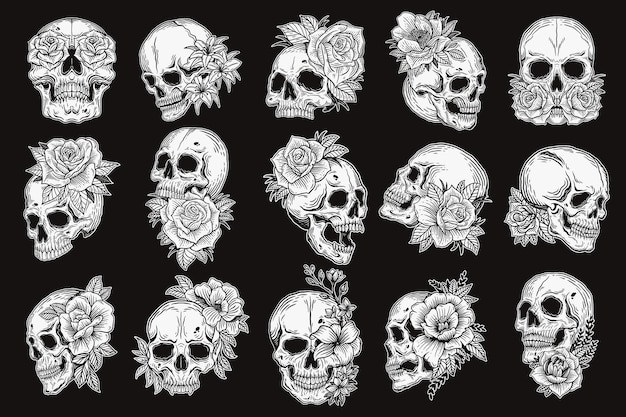 Set Mega Collection Bundle of Hand drawn Skull With Rose Head Dark Art with Different Angel Hatching Outline Style illustration