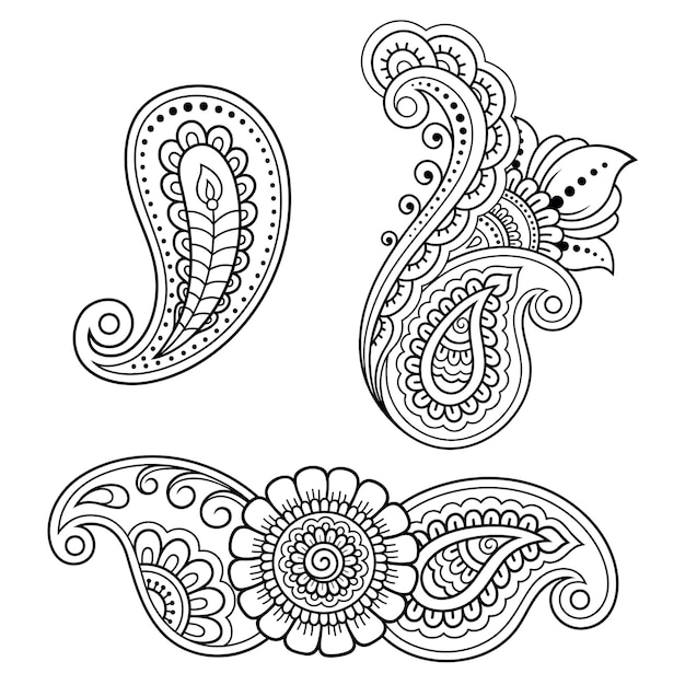 Set of Mehndi flower . Decoration in ethnic oriental, Indian style. Doodle ornament. Outline hand draw   illustration.