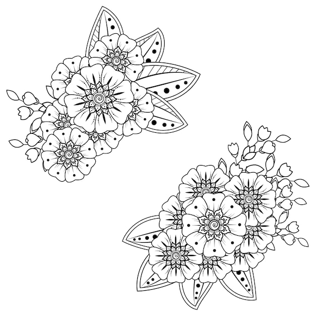 Set of Mehndi flower. Decorative ornament in ethnic oriental style. Coloring page.