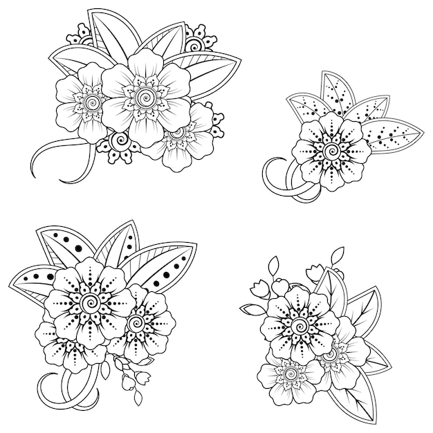 Set of Mehndi flower. decorative ornament in ethnic oriental style. outline hand draw. coloring page.