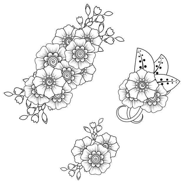 Set of Mehndi flower. decorative ornament in ethnic oriental style. outline hand draw. coloring page.