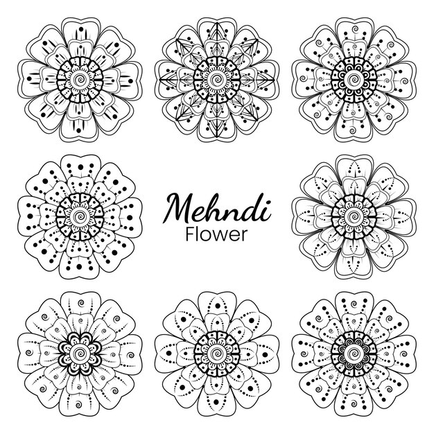 Set of Mehndi flower   in ethnic oriental style doodle   hand draw illustration coloring book page