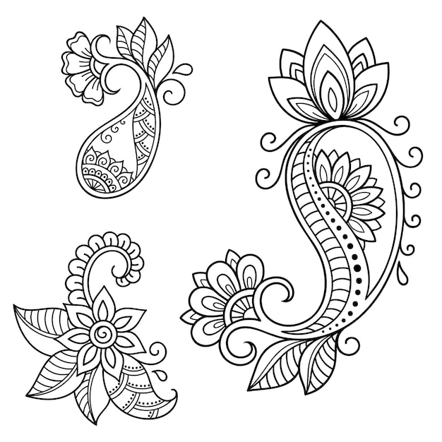 Set of Mehndi flower pattern  . Decoration in ethnic oriental, Indian style. Doodle ornament. Outline hand draw   illustration.