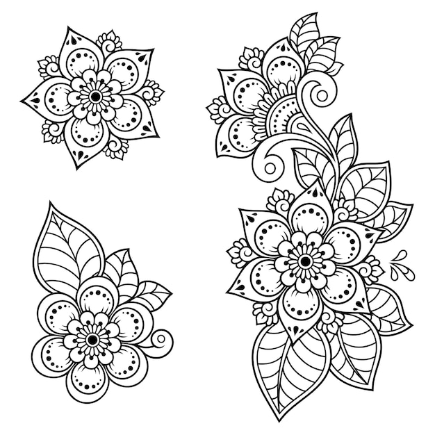 Set of Mehndi flower pattern for Henna drawing and tattoo. Decoration in ethnic oriental, Indian style. Doodle ornament. Outline hand draw vector illustration.