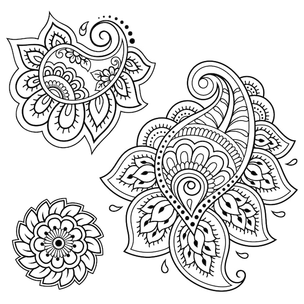 Set of Mehndi flower pattern for Henna drawing and tattoo. Decoration in ethnic oriental, Indian style. Doodle ornament. Outline hand draw vector illustration.