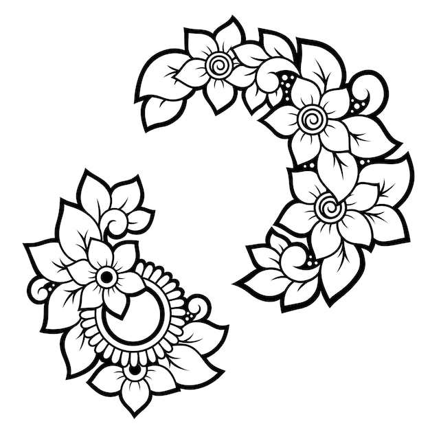 Set of Mehndi flower pattern for Henna drawing and tattoo Decoration in ethnic oriental Indian style Doodle ornament Outline hand draw vector illustration