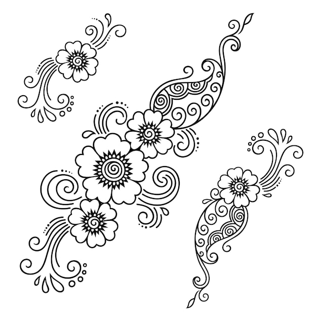 Set of Mehndi flower pattern for Henna drawing and tattoo Decoration in ethnic oriental Indian style Doodle ornament Outline hand draw vector illustration