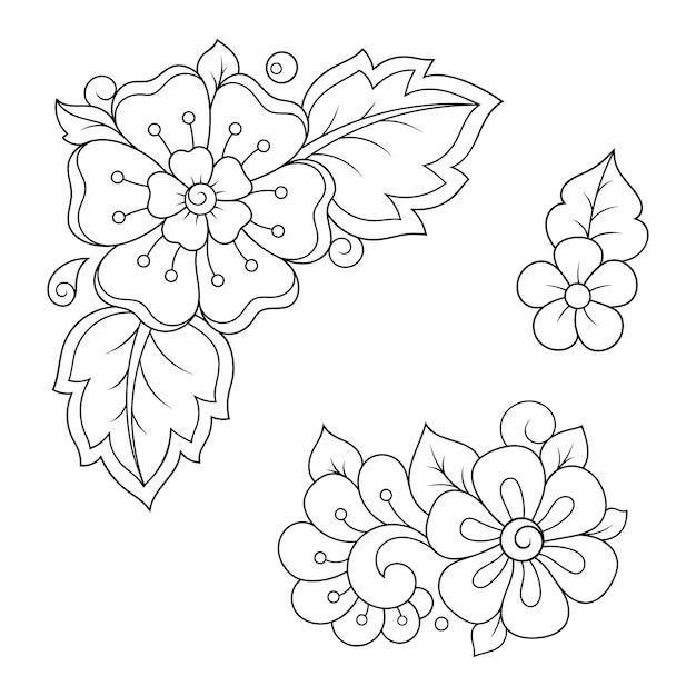 Set of Mehndi flower pattern for Henna drawing and tattoo Decoration in ethnic oriental Indian style Doodle ornament Outline hand draw vector illustration