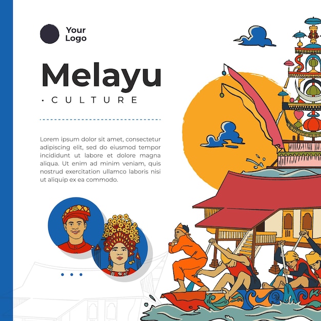 Set melayunese illustration hand drawn indonesian cultures background