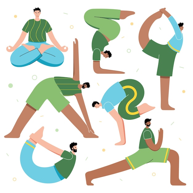 Set of men performing yoga exercises at home or at work.