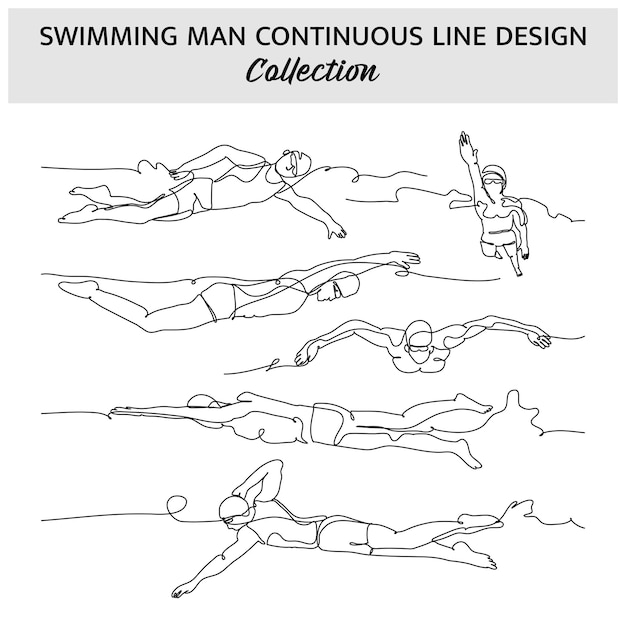 Set of men swimming one continuous line