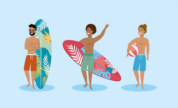 set of men wearing bathing shorts with surfboard and ball