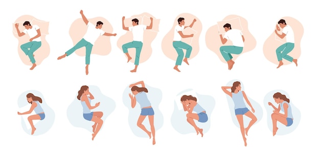 Set of Men and Women Sleeping Poses People Lying in Bed Top View Nighttime Relaxation Characters Wear Pajama